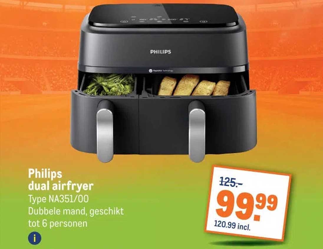 Philips dual airfryer Type NA351/00 Dubbele mand, geschikt tot 6 personen