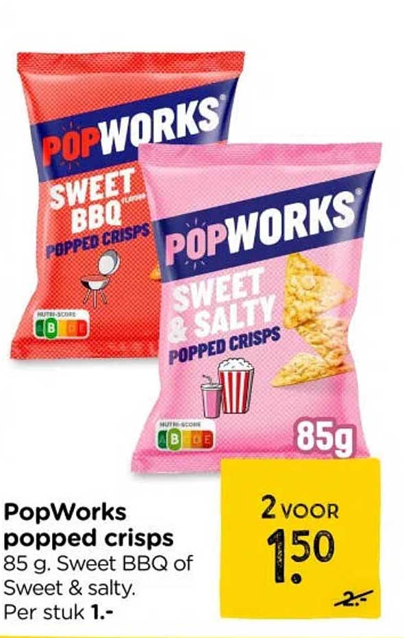PopWorks popped crisps 85 g, Sweet BBQ of Sweet & salty. Per stuk 1.- 2 voor 1.50