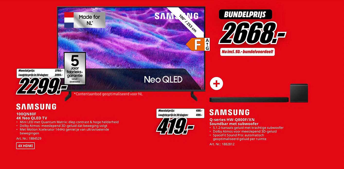 SAMSUNG 100QN80F 4K Neo QLED TV + SAMSUNG Q-series HW-Q800F/XN Soundbar met subwoofer