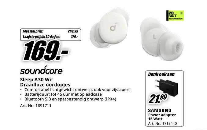 soundcore Sleep A30 Wit Draadloze oordopjes