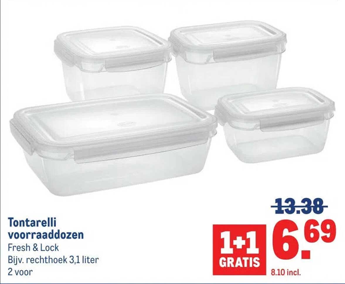 Tontarelli voorraaddozen Fresh & Lock, bijv. rechthoek 3,1 liter, 2 voor 1+1 GRATIS
