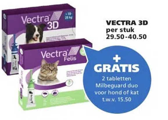 VECTRA 3D per stuk + GRATIS 2 tabletten Milbeguard duo voor hond of kat t.w.v. 15.50