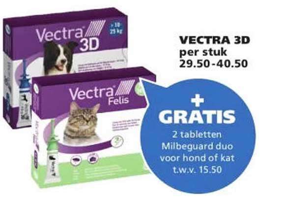 VECTRA 3D per stuk + GRATIS 2 tabletten Milbeguard duo voor hond of kat t.w.v. 15.50
