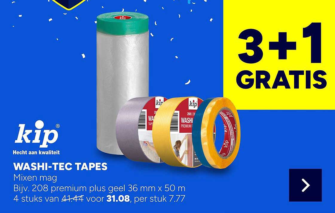 WASHI-TEC TAPES Mixen mag Bijv. 208 premium plus geel 36 mm x 50 m 3+1 GRATIS