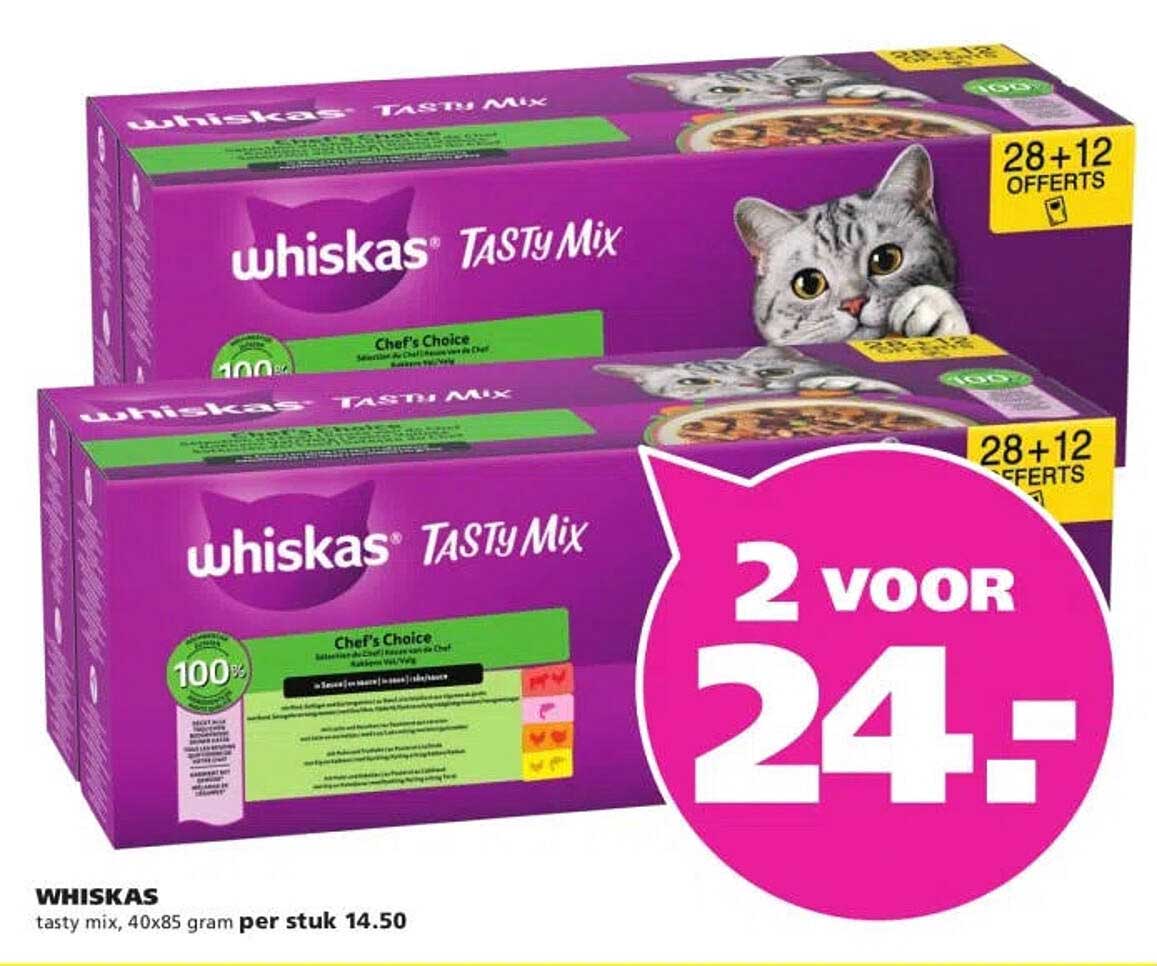WHISKAS tasty mix, 40x85 gram per stuk 14.50 2 voor 24,-