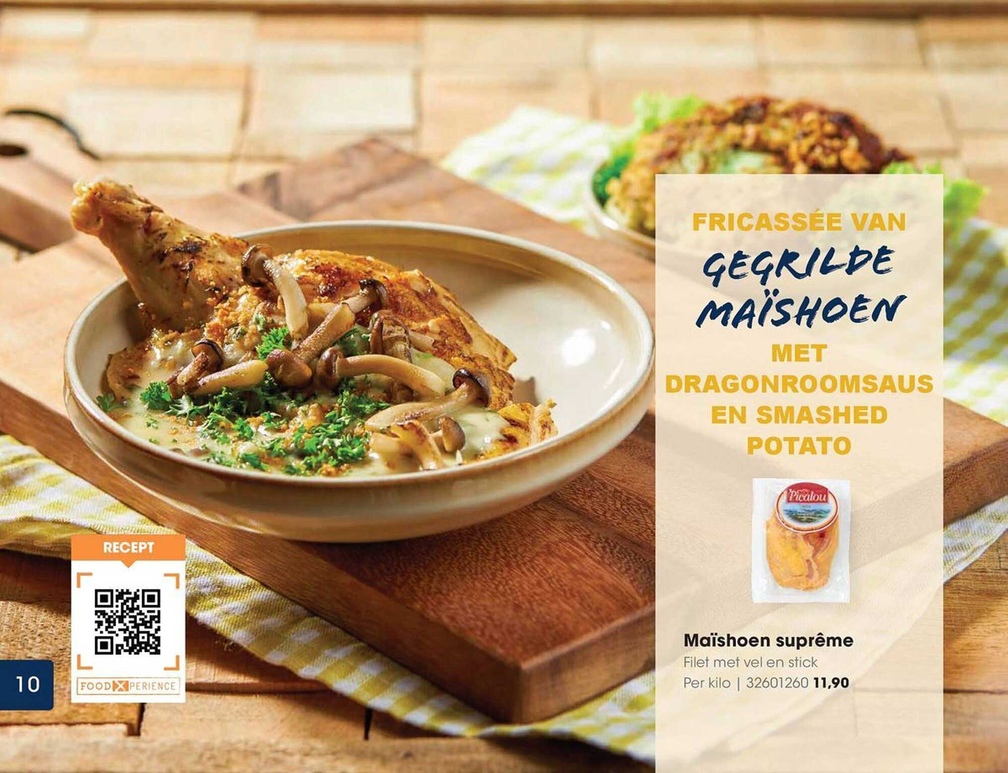 Fricassée van gegrilde maïshoen met dragonroomsaus en smashed potato