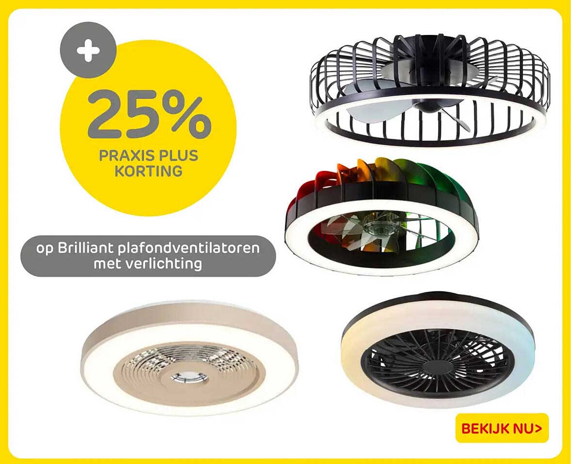 25% PRAXIS PLUS KORTING op Brilliant plafondventilatoren met verlichting