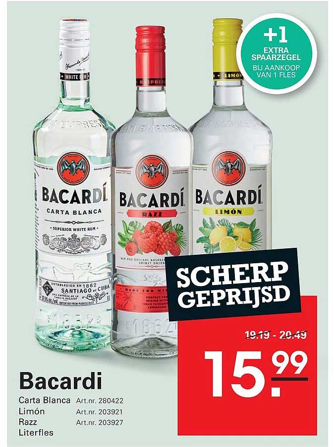 Bacardi Carta Blanca, Limón, Razz Literfles +1 extra spaargel bij aankoop van 1 fles