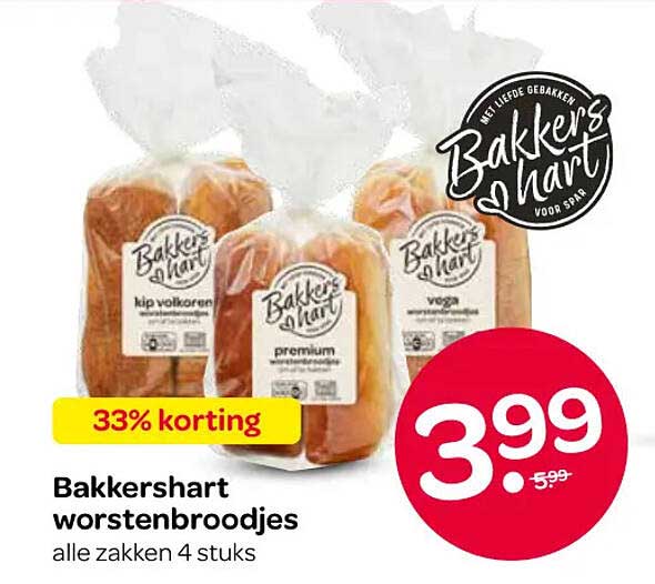 Bakkershart worstenbroodjes alle zakken 4 stuks 33% korting