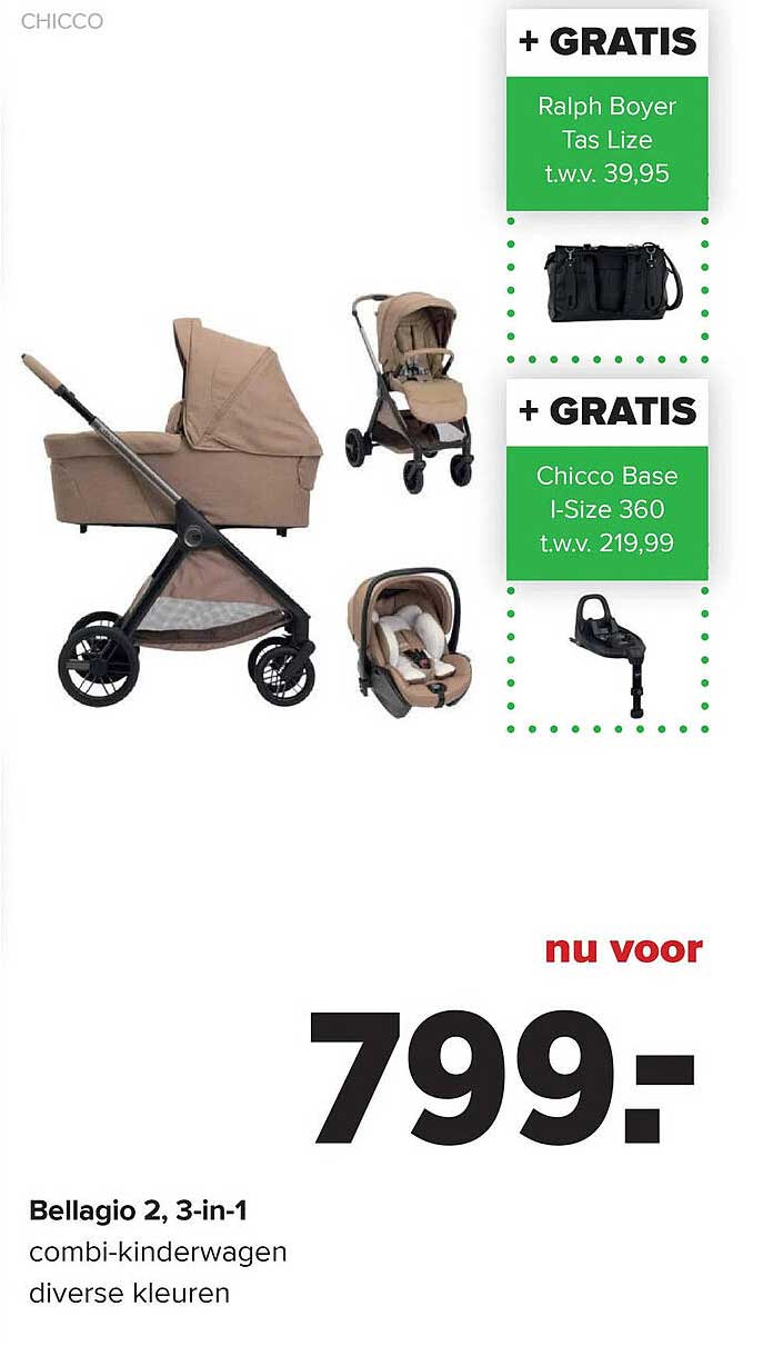 Bellagio 2, 3-in-1 combi-kinderwagen diverse kleuren + GRATIS Ralph Boyer Tas Lize t.w.v. 39,95 + GRATIS Chicco Base I-Size 360 t.w.v. 219,99