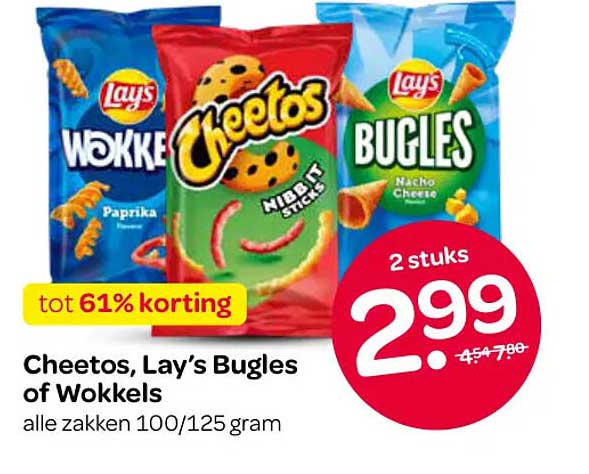 Cheetos, Lay’s Bugles of Wokkels tot 61% korting