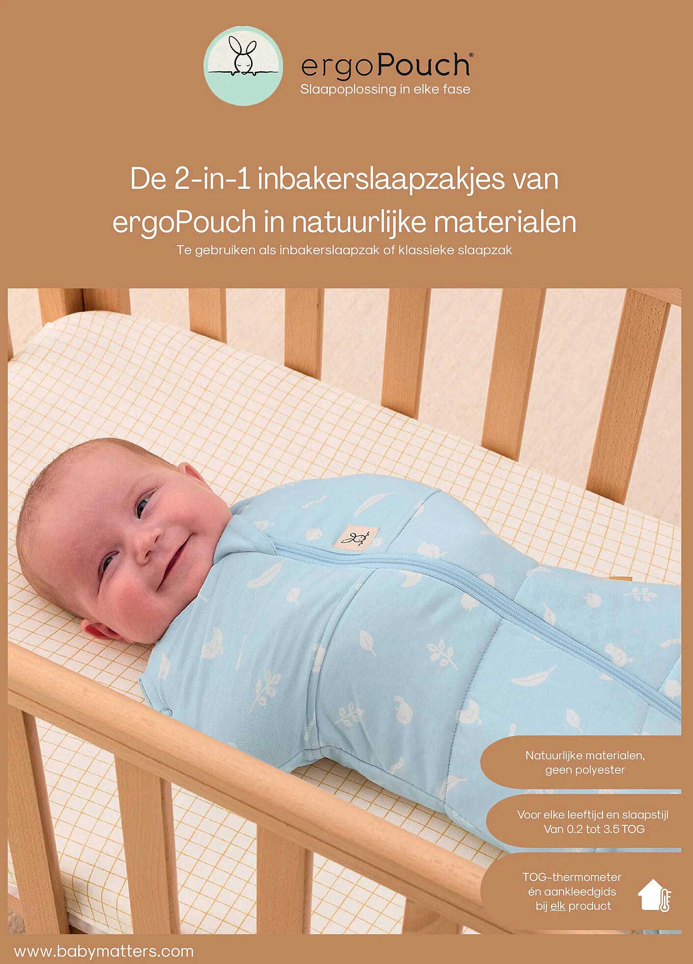 De 2-in-1 inbakerslaapzakjes van ergoPouch in natuurlijke materialen