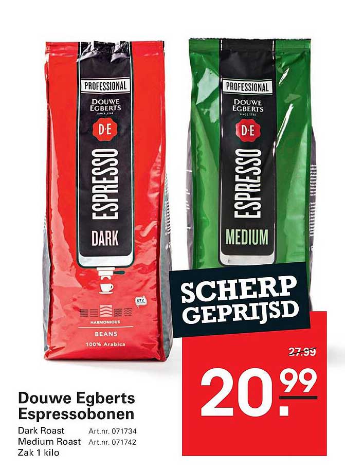 Douwe Egberts Espressobonen Dark Roast Medium Roast Zak 1 kilo Scherp geprijsd