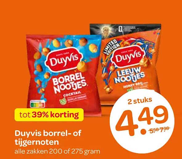 Duyvis borrel- of tijgernoten alle zakken 200 of 275 gram tot 39% korting