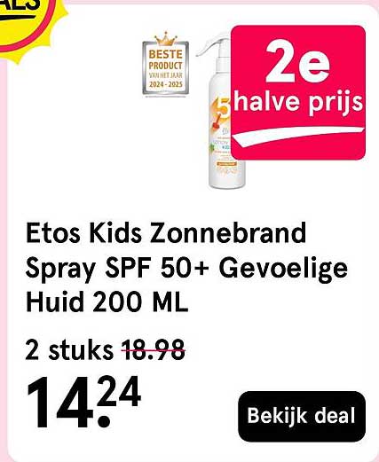 Etos Kids Zonnebrand Spray SPF 50+ Gevoelige Huid 200 ML 2e halve prijs