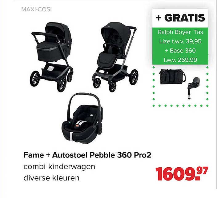 Fame + Autostoel Pebble 360 Pro2 combi-kinderwagen diverse kleuren + GRATIS Ralph Boyer Tas Lize t.w.v. 39,95 + Base 360 t.w.v. 269,99