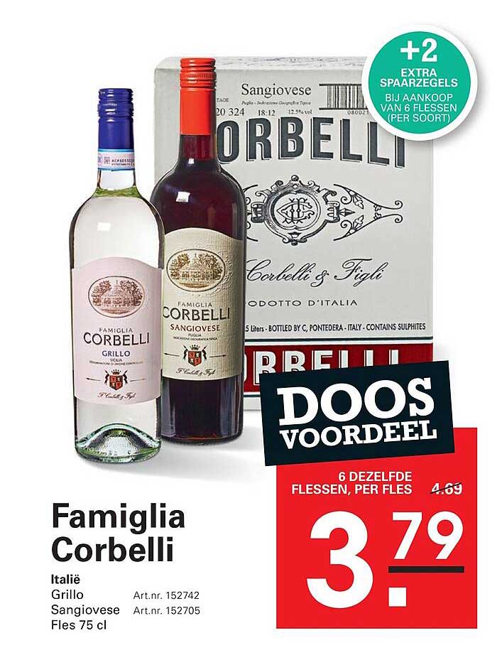 Famiglia Corbelli Italië Grillo Sangiovese Fles 75 cl DOOS VOORDEEL +2 EXTRA SPAARZEGELS BIJ AANKOOP VAN 6 FLESSEN (PER SOORT)