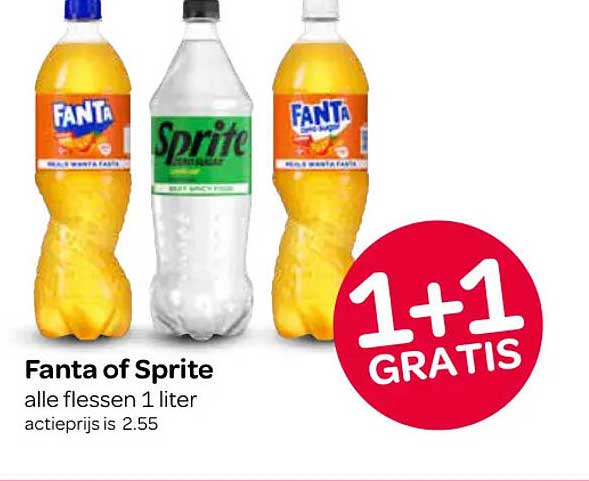 Fanta of Sprite alle flessen 1 liter 1+1 GRATIS