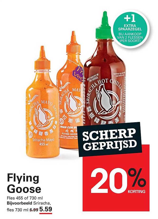 Flying Goose Fles 455 of 730 ml, Bijvoorbeeld Sriracha, fles 730 ml +1 extra spaarzegel bij aankoop van 2 flessen (per soort)
