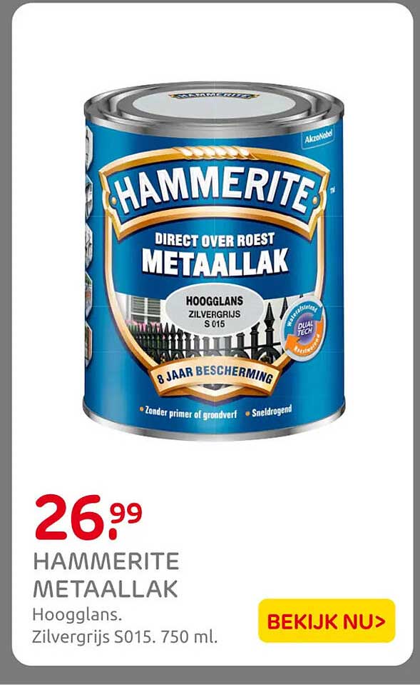 HAMMERITE METAALLAK Hoogglans. Zilvergrijs S015. 750 ml.