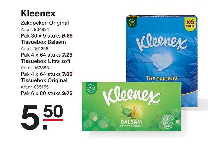 Kleenex Zakdoeken Original, Tissuebox Balsem, Tissuebox Ultra soft, Tissuebox Original
