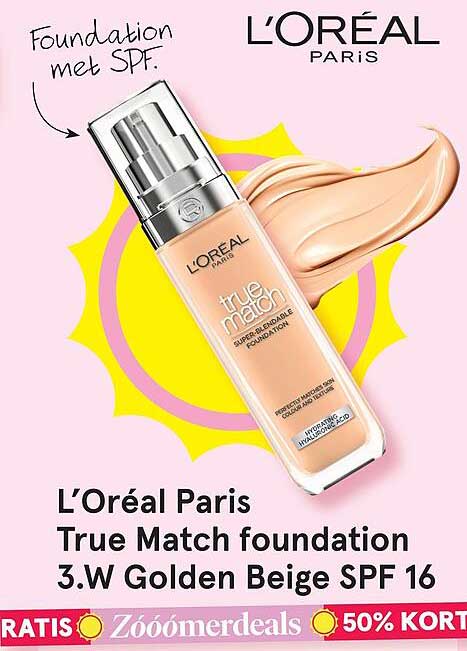 L’Oréal Paris True Match foundation 3.W Golden Beige SPF 16 50% KORT