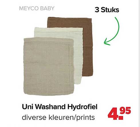MEYCO BABY Uni Washand Hydrofiel diverse kleuren/prints 3 Stuks