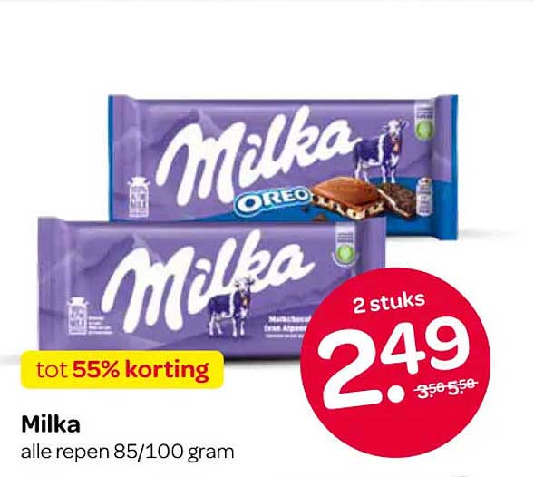Milka alle repen 85/100 gram tot 55% korting