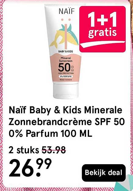 Naïf Baby & Kids Minerale Zonnebrandcrème SPF 50 0% Parfum 100 ML 1+1 gratis