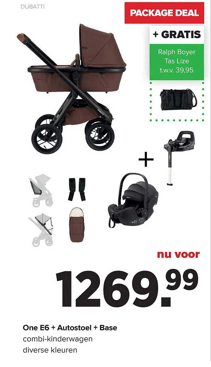 One E6 + Autostoel + Base combi-kinderwagen diverse kleuren + GRATIS Ralph Boyer Tas Lize t.w.v. 39,95