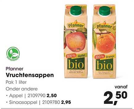 Pfanner Vruchtensappen Pak 1 liter Onder andere Appel | 2109790 2,50 Sinaasappel | 2109780 2,95