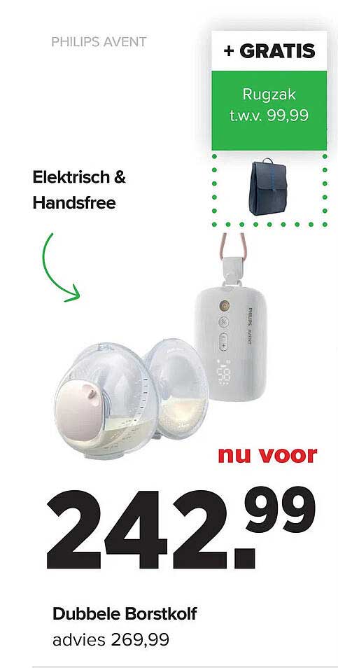 PHILIPS AVENT Elektrisch & Handsfree Dubbele Borstkolf + GRATIS Rugzak t.w.v. 99,99