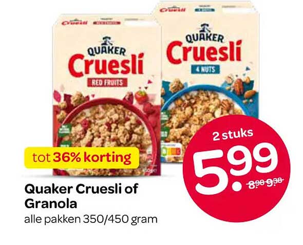 Quaker Cruesli of Granola alle pakken 350/450 gram tot 36% korting