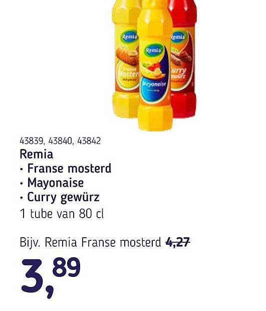 Remia Franse mosterd, Mayonaise, Curry gewürz