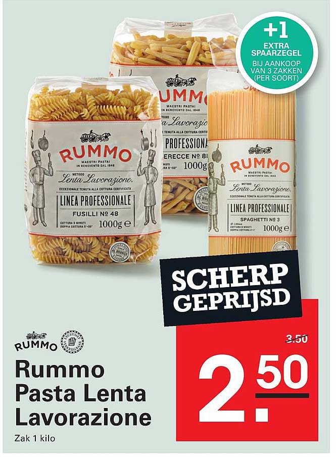 Rummo Pasta Lenta Lavorazione - Zak 1 kilo +1 EXTRA SPAARZEGEL BIJ AANKOOP VAN 3 ZAKKEN (PER SOORT)