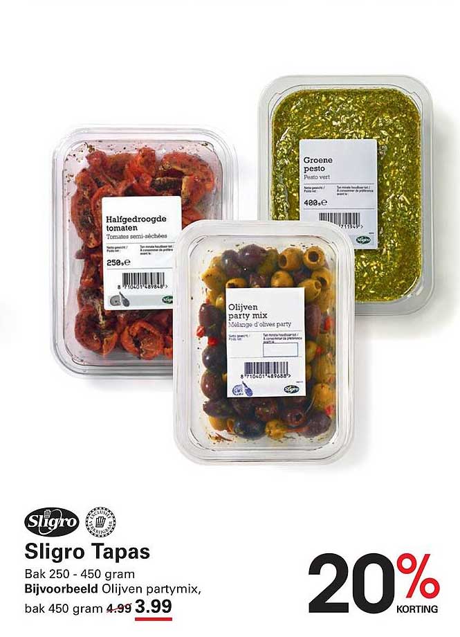 Sligro Tapas - Bak 250 - 450 gram, Bijvoorbeeld Olijven party mix, bak 450 gram 20% KORTING