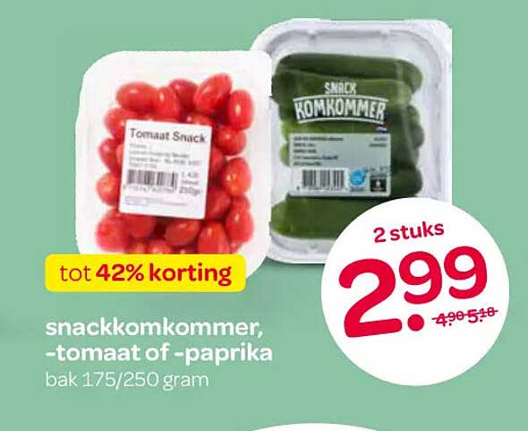 snackkomkommer, -tomaat of -paprika bak 175/250 gram tot 42% korting
