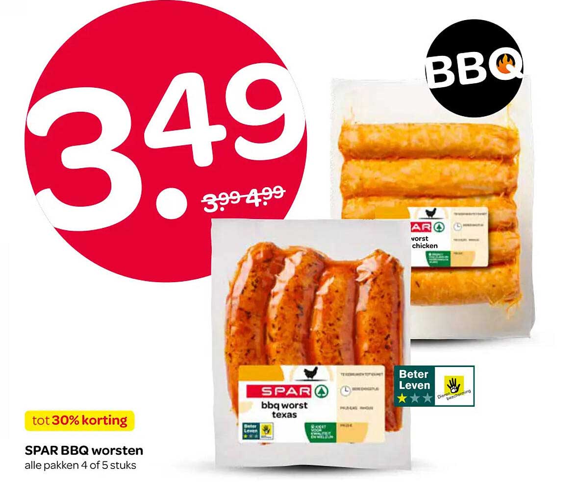 SPAR BBQ worsten alle pakken 4 of 5 stuks tot 30% korting