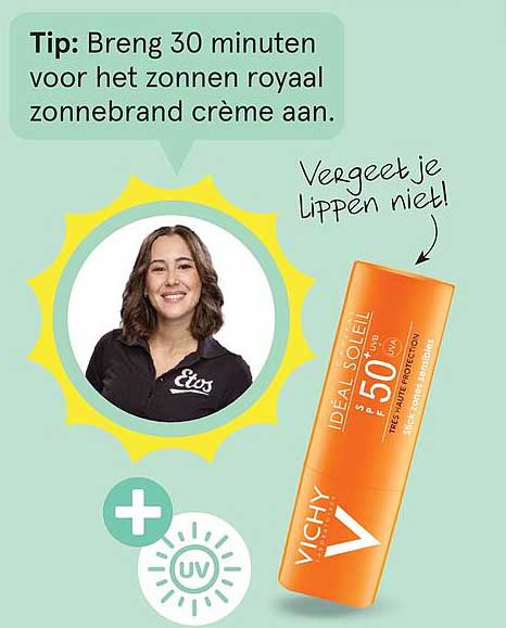 Tip: Breng 30 minuten voor het zonnen royaal zonnebrand crème aan.