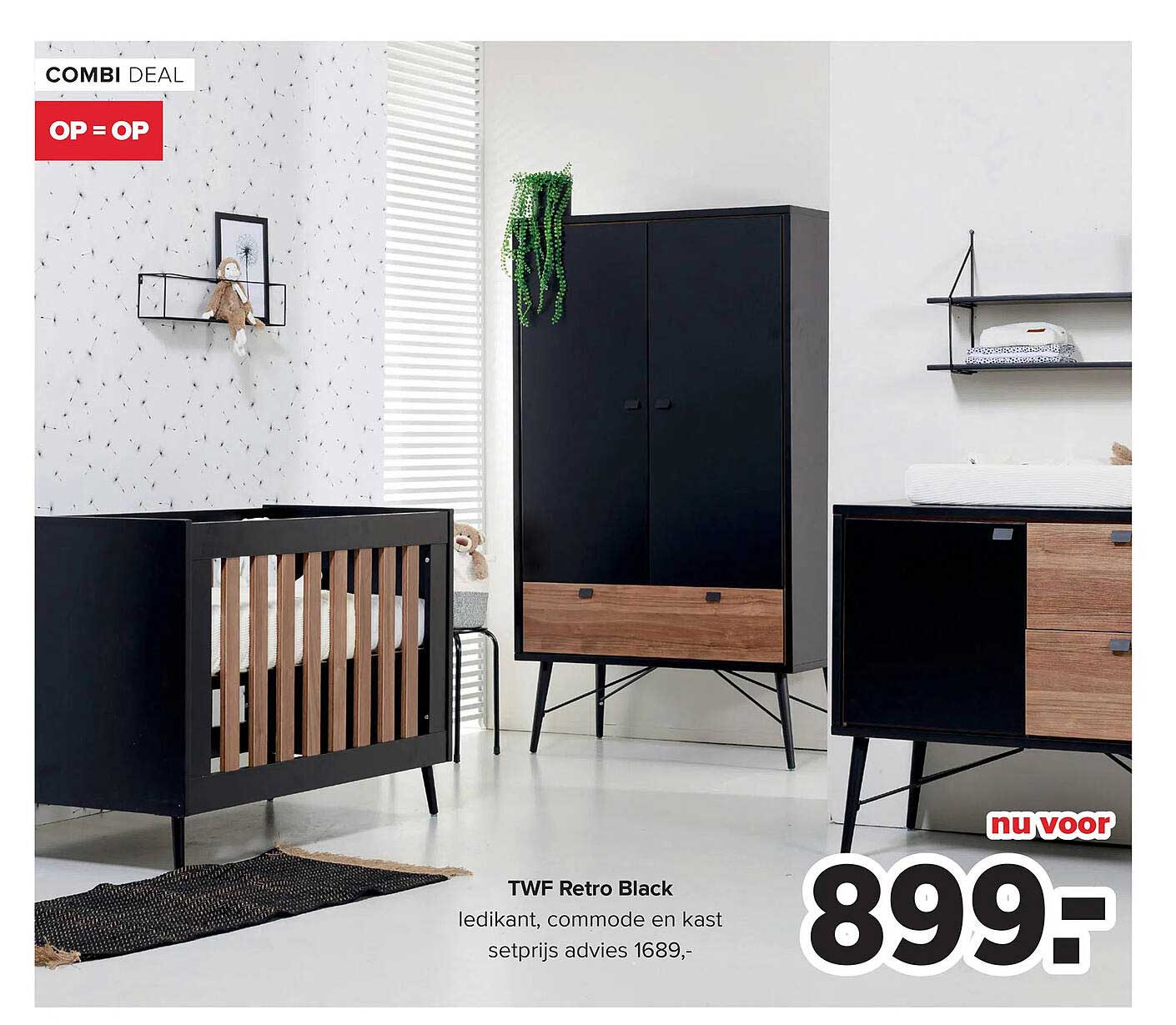 TWF Retro Black ledikant, commode en kast setprijs advies 1689,-