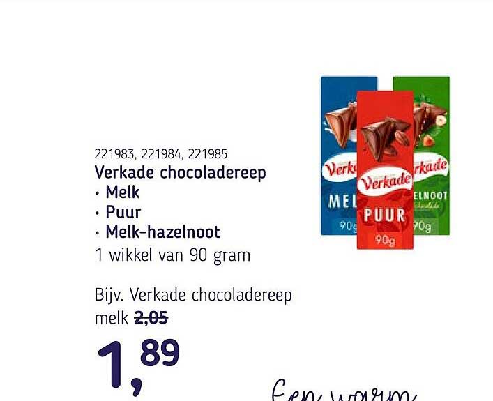 Verkade chocoladereep • Melk • Puur • Melk-hazelnoot 1 wikkel van 90 gram