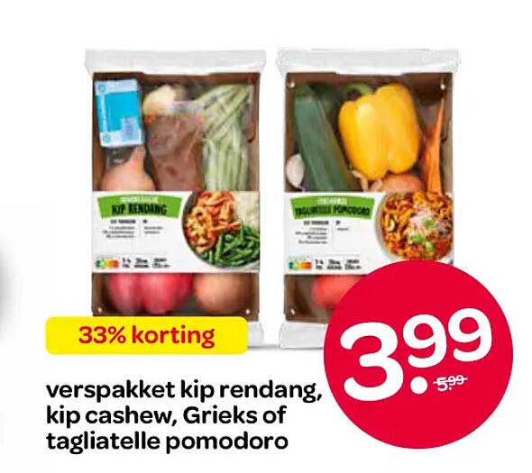 verspakket kip rendang, kip cashew, Grieks of tagliatelle pomodoro 33% korting