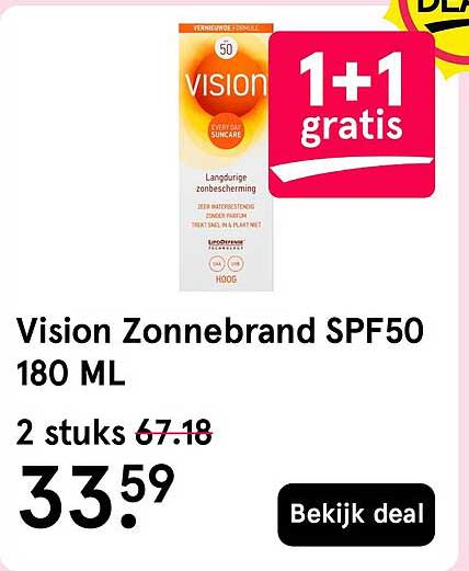 Vision Zonnebrand SPF50 180 ML 1+1 gratis