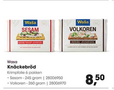 Wasa Knäckebröd Krimpfolie 6 pakken Sesam - 245 gram | 28006950 Volkoren - 260 gram | 28006970