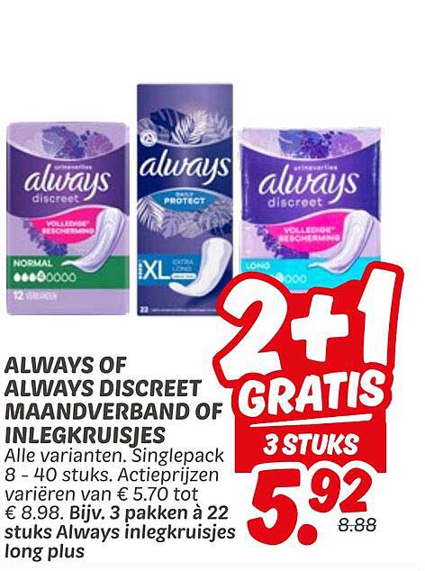 ALWAYS OF ALWAYS DISCREET MAANDVERBAND OF INLEGKRUISJES