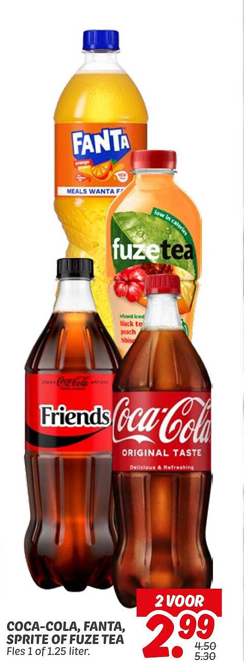 COCA-COLA, FANTA, SPRITE OF FUZE TEA, 2 VOOR