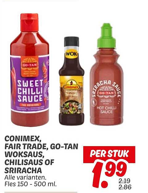 CONIMEX, FAIR TRADE, GO-TAN WOKSAUS, CHILISAUS OF SRIRACHA