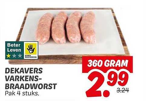 DEKAVERS VARKENS-BRAADWORST Pak 4 stuks