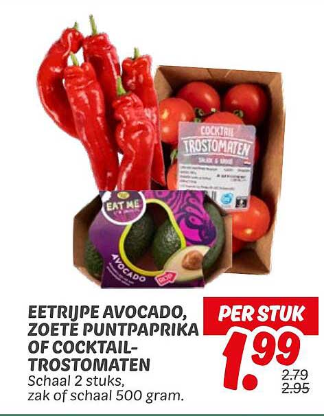 EETRIJPE AVOCADO, ZOETE PUNTPAPRIKA OF COCKTAILTROSTOMATEN
