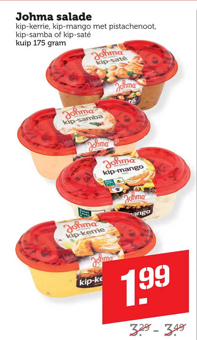 Johma salade kip-kerrie, kip-mango met pistachenoot, kip-samba of kip-saté kuip 175 gram